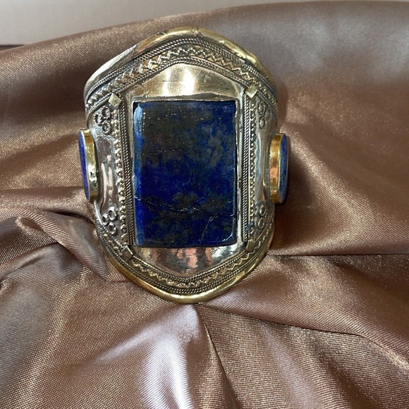 Tribal Lapis Lazuli Lajward Blue 3 Stone Cuff Southwestern Adjustable Cuff - Picture 2 of 12